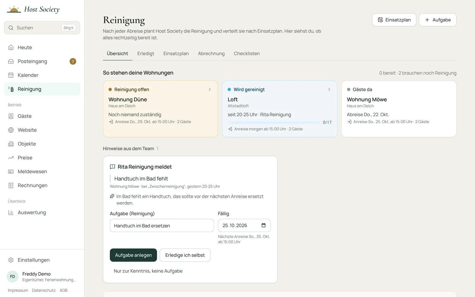 Host Society Reinigung: Zustand je Wohnung mit Fortschritt und Hinweis aus dem Reinigungsteam